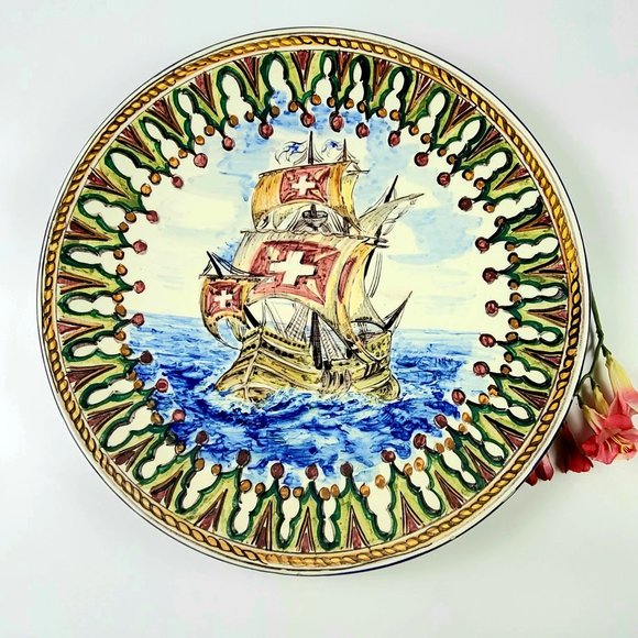 Vintage Hand-Painted- Large Porcelain Portugese Decorative Plate - Signed- 16"